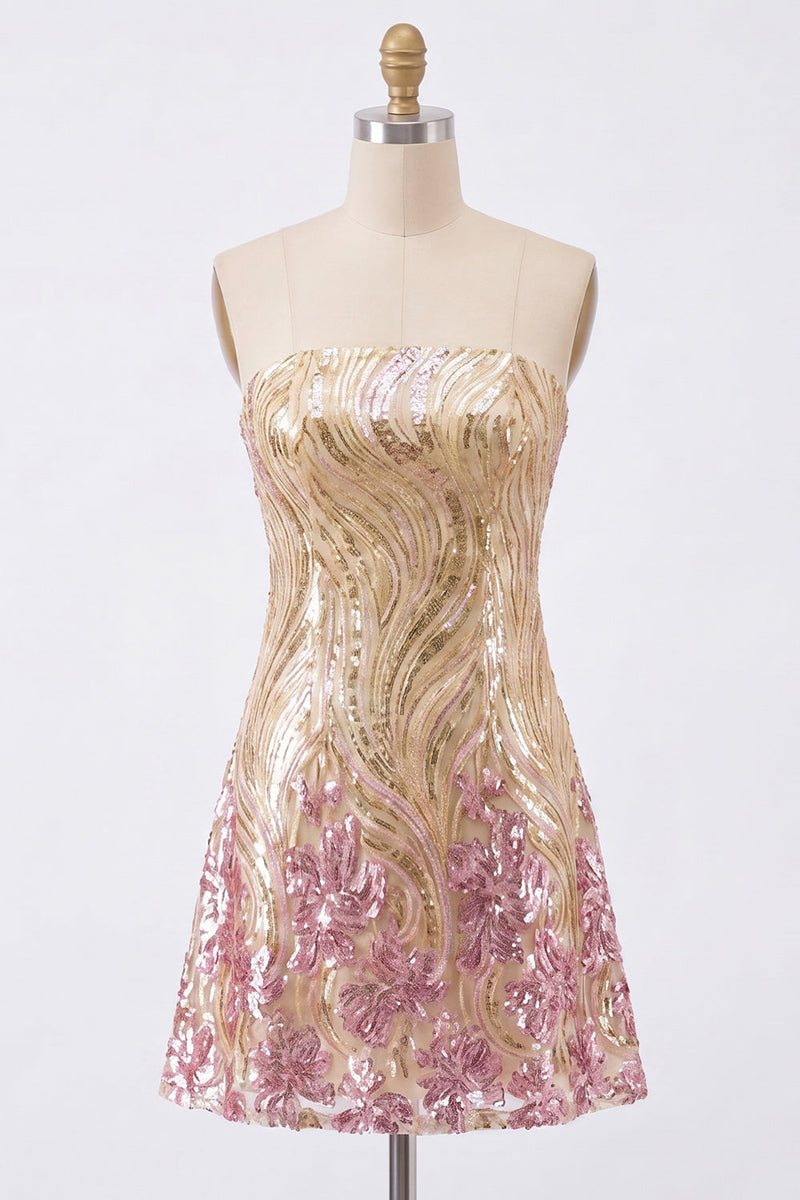 Laden Sie das Bild in den Galerie-Viewer, Glitzerndes A-Linien-gold- und pinkes, trägerloses Pailletten-Homecoming-Kleid