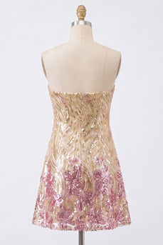 Glitzerndes A-Linie Gold und Rosa Trägerloses Pailletten Kurzes Abendkleid