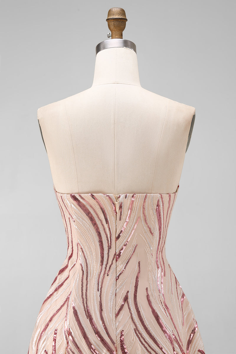 Laden Sie das Bild in den Galerie-Viewer, Glitzerndes A-Linie Gold und Rosa Trägerloses Pailletten Kurzes Abendkleid