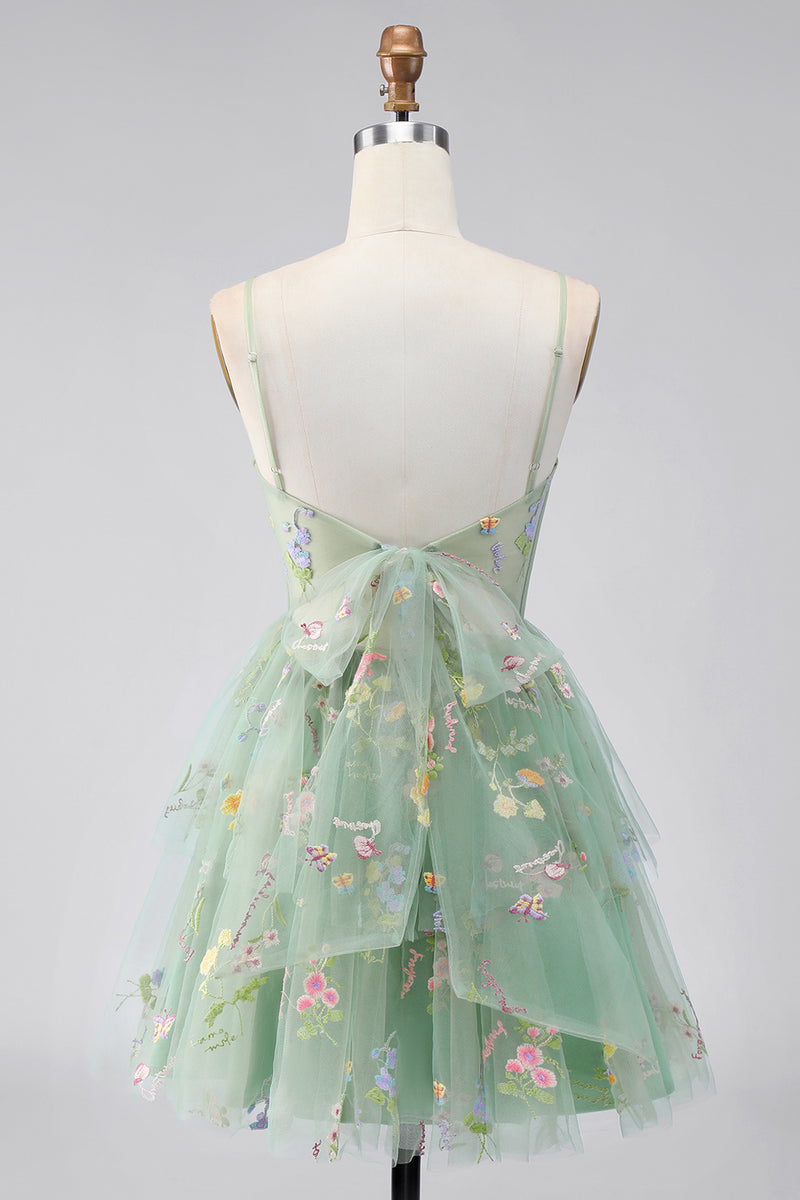 Laden Sie das Bild in den Galerie-Viewer, A-Linie Staubiges Salbei Tüll Korsett Kurzes Abendkleid mit Schleife