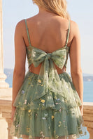 Laden Sie das Bild in den Galerie-Viewer, A-Line staubiges Salbei-Tüll-Korsett-Homecoming-Kleid mit Schleife