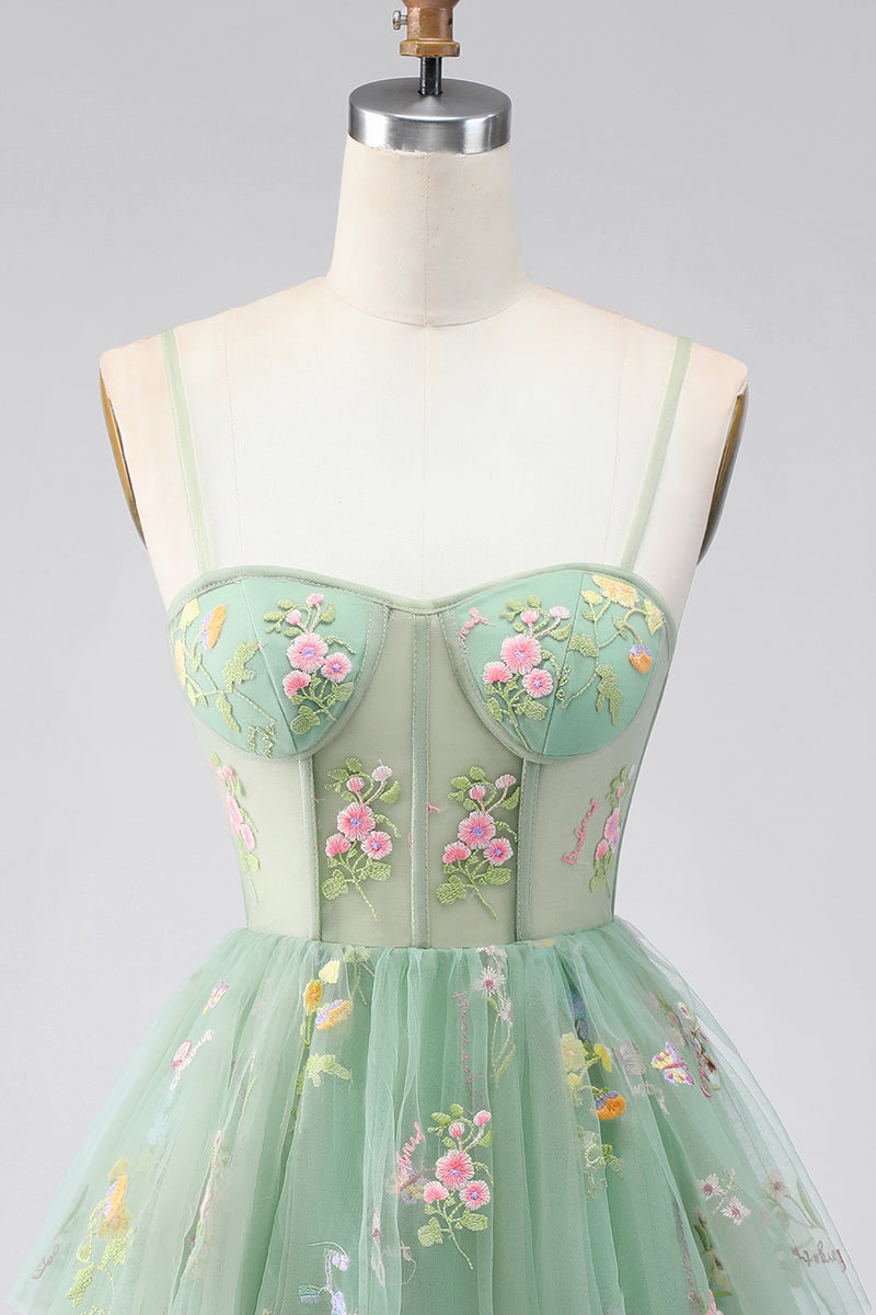 Laden Sie das Bild in den Galerie-Viewer, A-Linie Staubiges Salbei Tüll Korsett Kurzes Abendkleid mit Schleife
