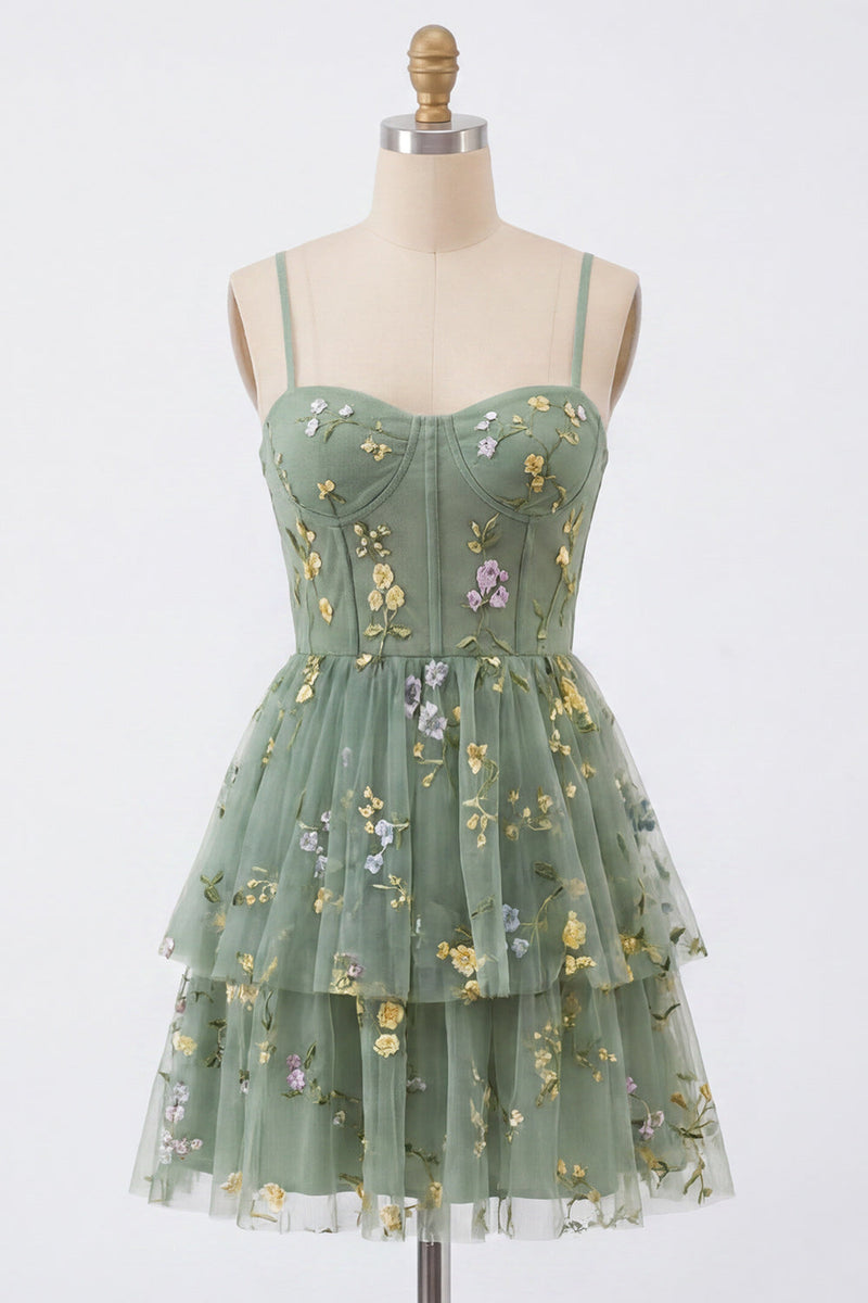 Laden Sie das Bild in den Galerie-Viewer, A-Line staubiges Salbei-Tüll-Korsett-Homecoming-Kleid mit Schleife