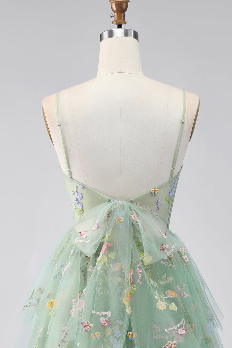 Laden Sie das Bild in den Galerie-Viewer, A-Linie Staubiges Salbei Tüll Korsett Kurzes Abendkleid mit Schleife
