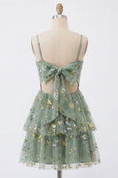 Laden Sie das Bild in den Galerie-Viewer, A-Line staubiges Salbei-Tüll-Korsett-Homecoming-Kleid mit Schleife