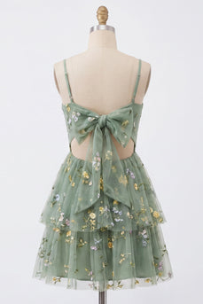 A-Line staubiges Salbei-Tüll-Korsett-Homecoming-Kleid mit Schleife