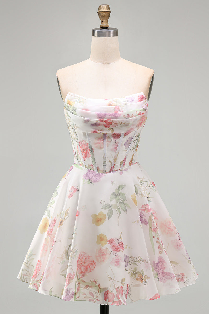 Laden Sie das Bild in den Galerie-Viewer, A-Linie Trägerloses Elfenbein Chiffon Gerafftes Korsett Kurzes Abendkleid