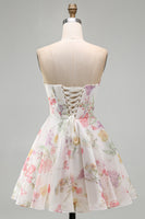 Laden Sie das Bild in den Galerie-Viewer, A-Linie Trägerloses Elfenbein Chiffon Gerafftes Korsett Kurzes Abendkleid