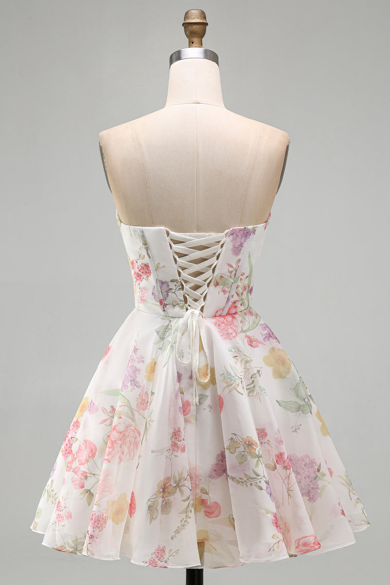Laden Sie das Bild in den Galerie-Viewer, A-Linie Trägerloses Elfenbein Chiffon Gerafftes Korsett Kurzes Abendkleid