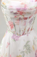 Laden Sie das Bild in den Galerie-Viewer, A-Linie Trägerloses Elfenbein Chiffon Gerafftes Korsett Kurzes Abendkleid