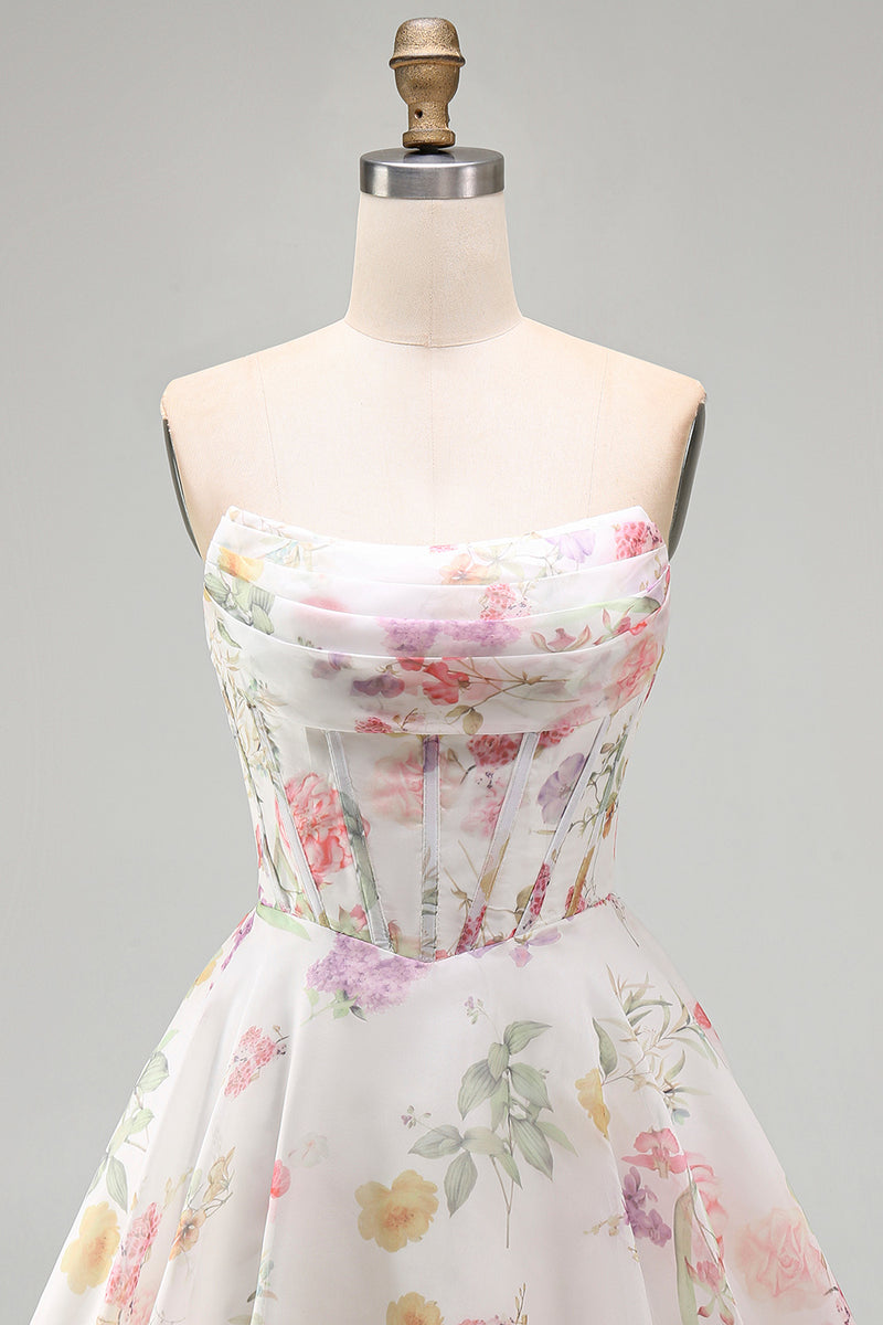 Laden Sie das Bild in den Galerie-Viewer, A-Linie Trägerloses Elfenbein Chiffon Gerafftes Korsett Kurzes Abendkleid