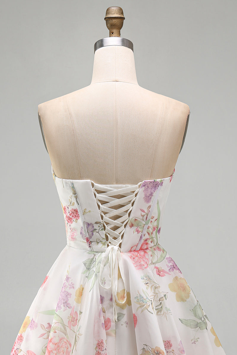 Laden Sie das Bild in den Galerie-Viewer, A-Linie Trägerloses Elfenbein Chiffon Gerafftes Korsett Kurzes Abendkleid
