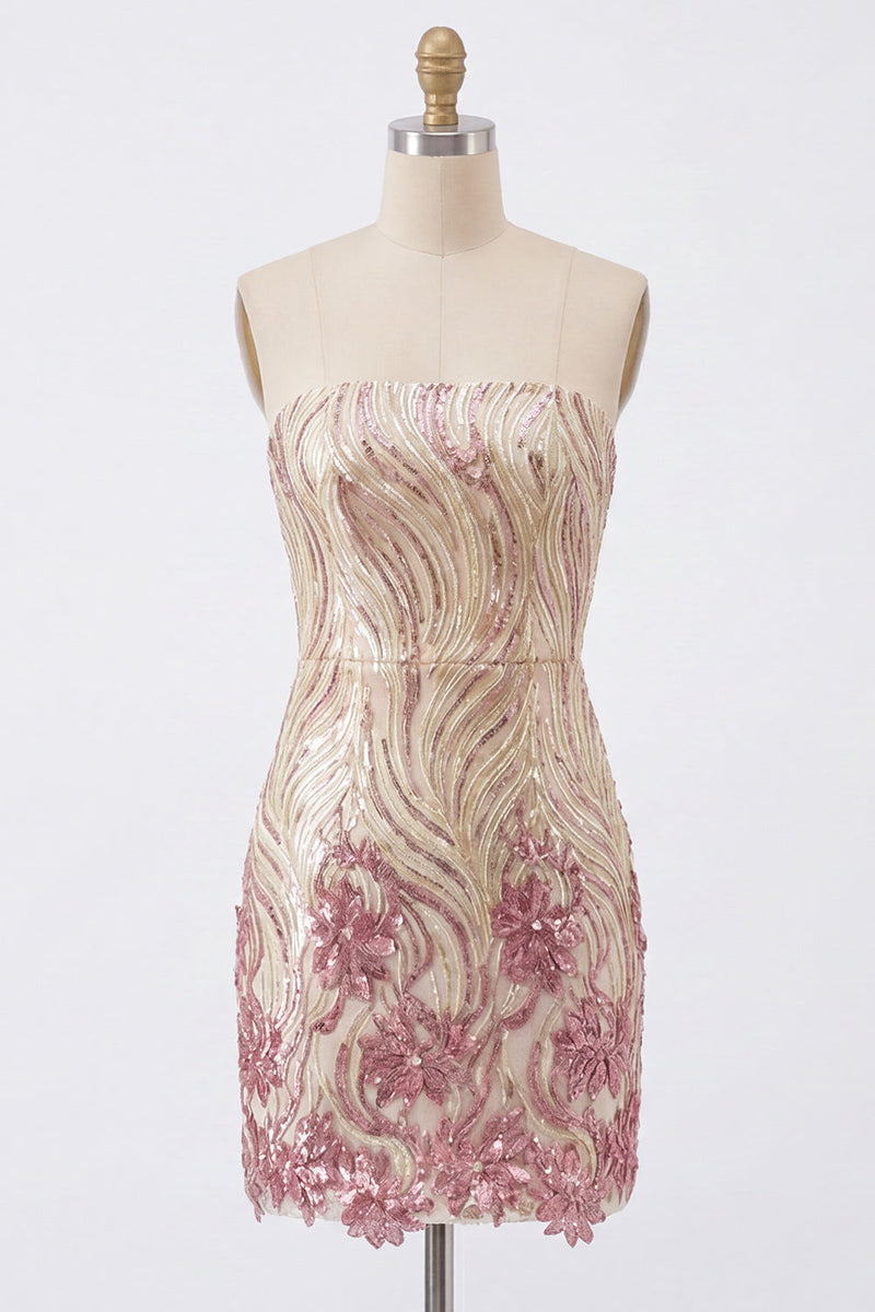 Laden Sie das Bild in den Galerie-Viewer, Glitzerndes trägerloses goldenes und pinkes Bodycon-Pailletten-Homecoming-Kleid