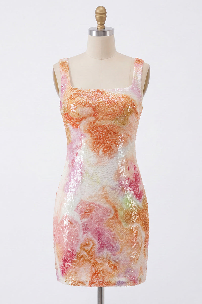 Laden Sie das Bild in den Galerie-Viewer, Glitzerndes Bodycon orangefarbenes Pailletten-Pailletten-Homecoming-Kleid