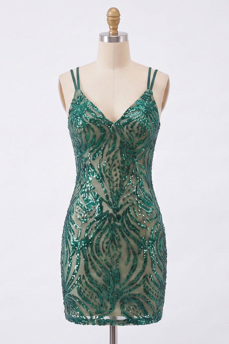 Laden Sie das Bild in den Galerie-Viewer, Glitzerndes Bodycon dunkelgrünes Pailletten-Homecoming-Kleid