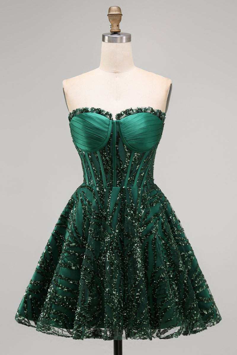 Laden Sie das Bild in den Galerie-Viewer, Glitzerndes A-Linie Dunkelgrünes Korsett Sweetheart Pailletten Kurzes Abendkleid