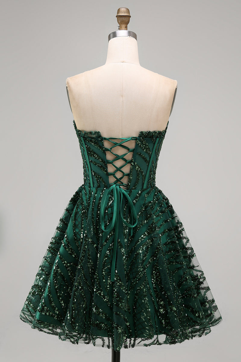 Laden Sie das Bild in den Galerie-Viewer, Glitzerndes A-Linie Dunkelgrünes Korsett Sweetheart Pailletten Kurzes Abendkleid