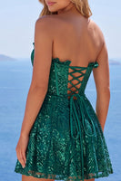 Laden Sie das Bild in den Galerie-Viewer, Glitzerndes A-Linie-Dunkelgrünes Korsett, Sweetheart Pailletten Homecoming-Kleid