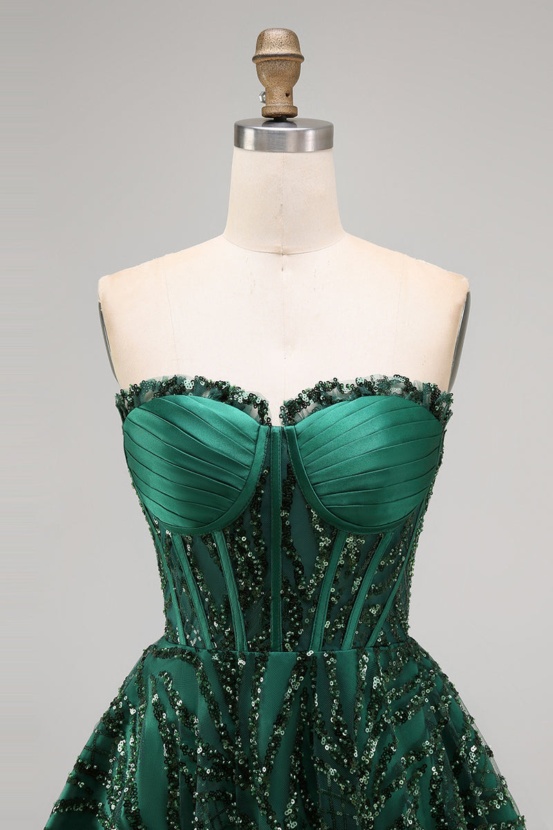 Laden Sie das Bild in den Galerie-Viewer, Glitzerndes A-Linie Dunkelgrünes Korsett Sweetheart Pailletten Kurzes Abendkleid