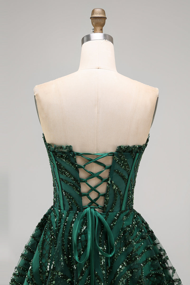 Laden Sie das Bild in den Galerie-Viewer, Glitzerndes A-Linie Dunkelgrünes Korsett Sweetheart Pailletten Kurzes Abendkleid