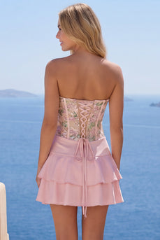 A-Linie Rosa Blumen Spaghettiträger Kurzes Abendkleid mit Rüschen