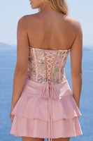 Laden Sie das Bild in den Galerie-Viewer, A-Line pinkes Blumen-Spaghettiträger-Homecoming-Kleid mit Rüschen