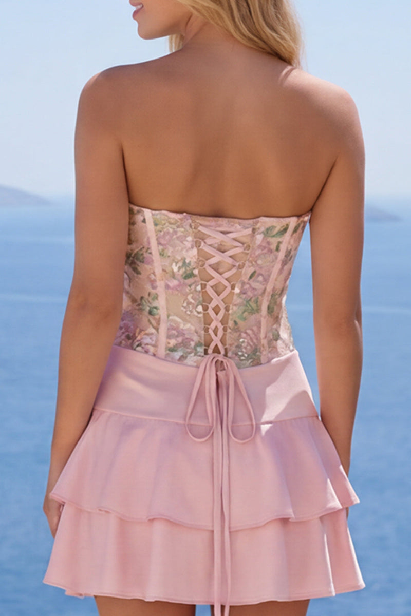 Laden Sie das Bild in den Galerie-Viewer, A-Line pinkes Blumen-Spaghettiträger-Homecoming-Kleid mit Rüschen