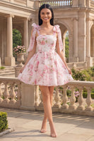 Laden Sie das Bild in den Galerie-Viewer, Weiße rosa Blume A-Linie dicke Träger Chiffon Homecoming-Kleid