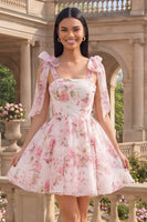 Laden Sie das Bild in den Galerie-Viewer, Weiße Rosa Blume A-Linie Dicke Träger Chiffon Kurzes Abendkleid