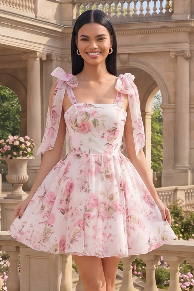 Laden Sie das Bild in den Galerie-Viewer, Weiße Rosa Blume A-Linie Dicke Träger Chiffon Kurzes Abendkleid