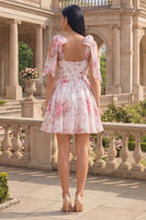 Laden Sie das Bild in den Galerie-Viewer, Weiße rosa Blume A-Linie dicke Träger Chiffon Homecoming-Kleid