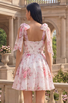 Weiße Rosa Blume A-Linie Dicke Träger Chiffon Kurzes Abendkleid