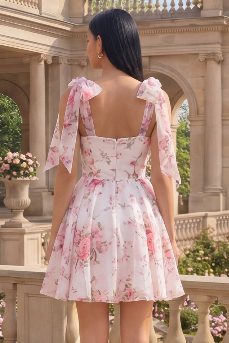 Laden Sie das Bild in den Galerie-Viewer, Weiße Rosa Blume A-Linie Dicke Träger Chiffon Kurzes Abendkleid