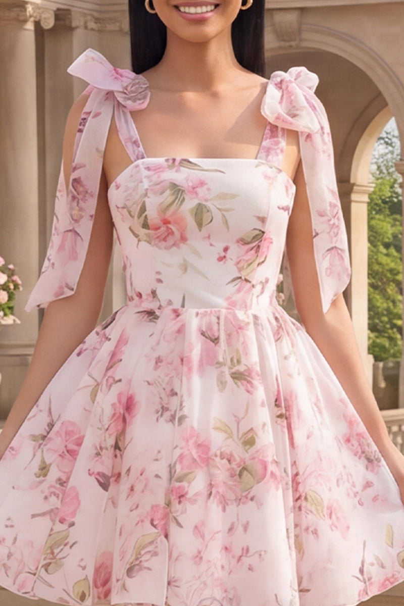 Laden Sie das Bild in den Galerie-Viewer, Weiße rosa Blume A-Linie dicke Träger Chiffon Homecoming-Kleid