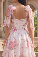 Laden Sie das Bild in den Galerie-Viewer, Weiße rosa Blume A-Linie dicke Träger Chiffon Homecoming-Kleid