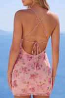 Laden Sie das Bild in den Galerie-Viewer, Rosa Spaghettiträger Blumen-Bodycon-Homecoming-Kleid mit Perlen