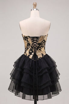 A-Linie Gold- und schwarzes Sweetheart Gestuftes Kurzes Abendkleid mit Rückenschnürung