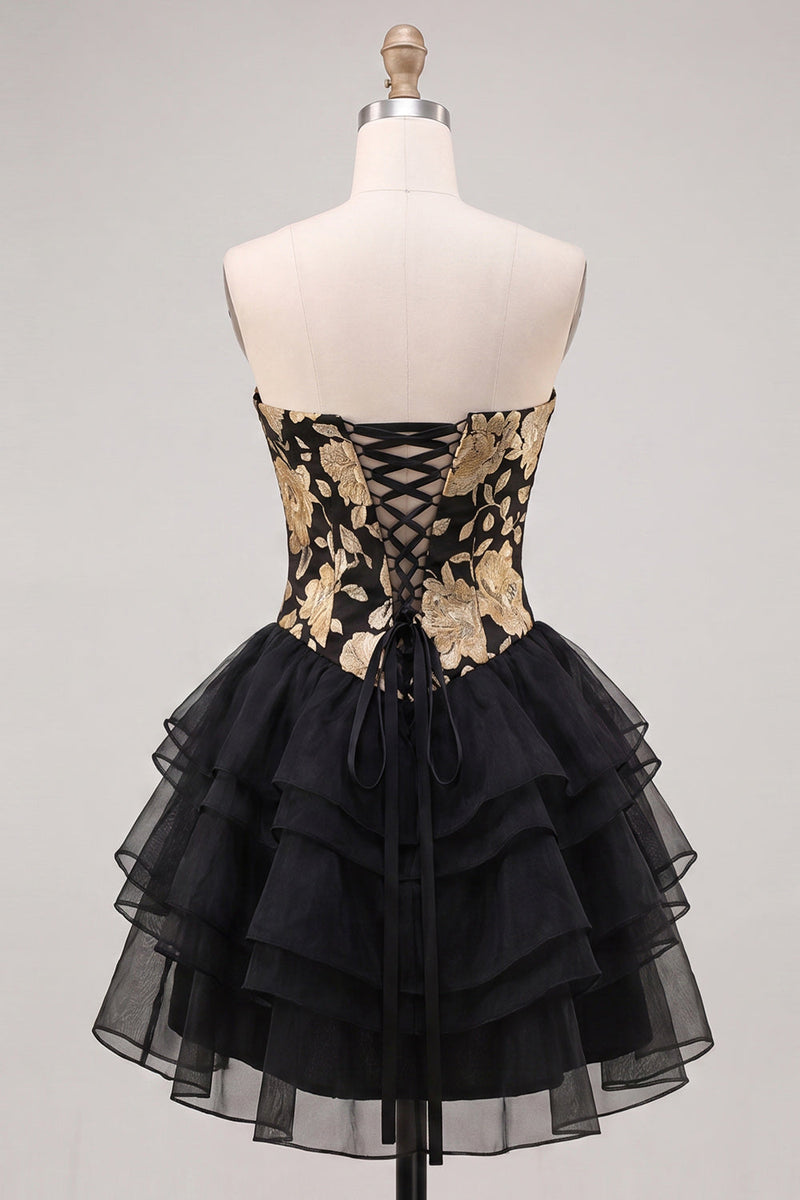 Laden Sie das Bild in den Galerie-Viewer, A-Line gold- und schwarzes Sweetheart Sweetheart Gestuftes Homecoming-Kleid mit Spitze auf dem Rücken