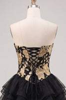 Laden Sie das Bild in den Galerie-Viewer, A-Line gold- und schwarzes Sweetheart Sweetheart Gestuftes Homecoming-Kleid mit Spitze auf dem Rücken