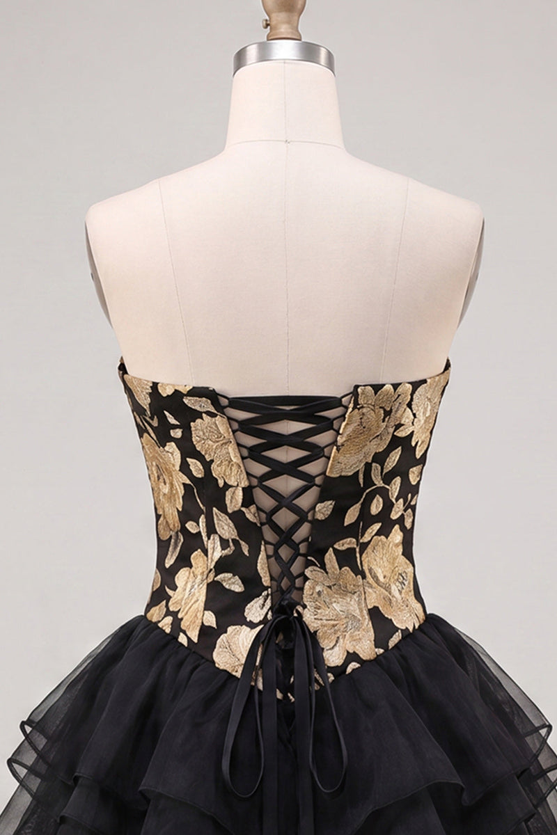 Laden Sie das Bild in den Galerie-Viewer, A-Line gold- und schwarzes Sweetheart Sweetheart Gestuftes Homecoming-Kleid mit Spitze auf dem Rücken