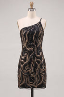 Laden Sie das Bild in den Galerie-Viewer, Glitzerndes Einschulter-Schwarzes Pailletten-Bodycon-Homecoming-Kleid