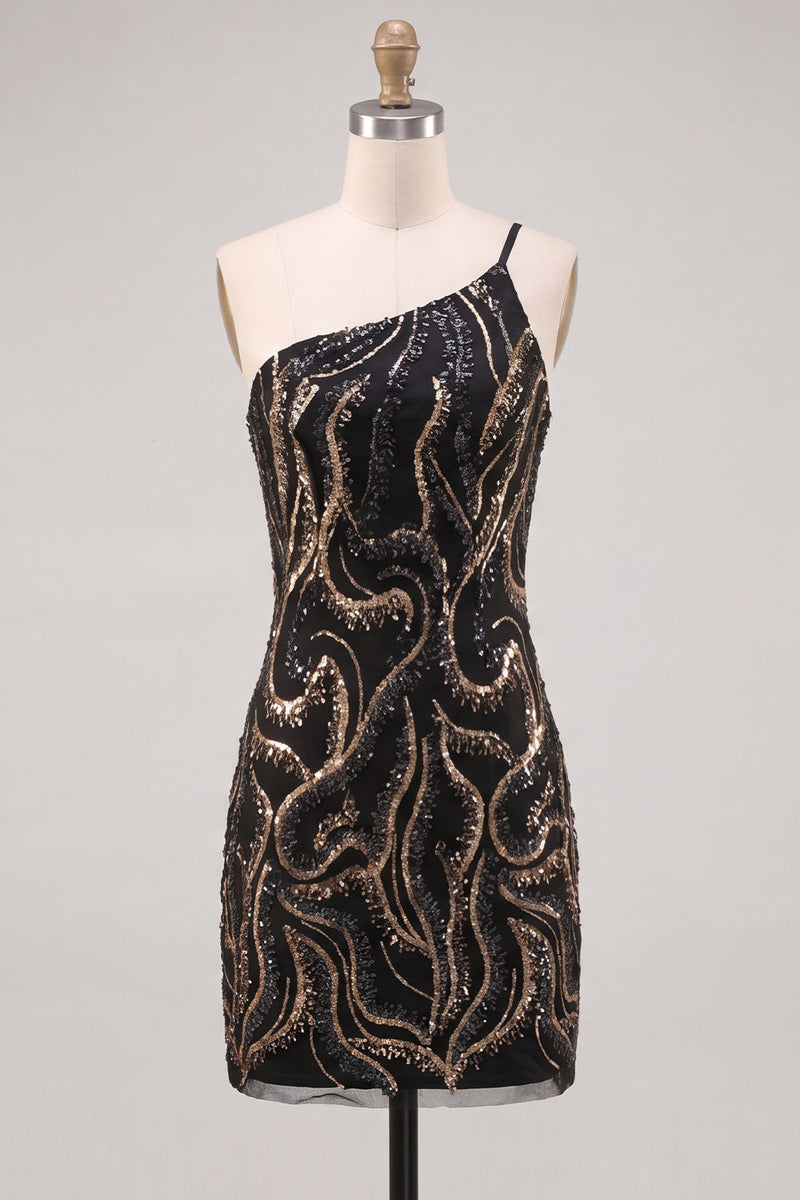 Laden Sie das Bild in den Galerie-Viewer, Glitzerndes Einschulter-Schwarzes Pailletten-Bodycon-Homecoming-Kleid
