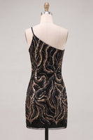 Laden Sie das Bild in den Galerie-Viewer, Glitzerndes Einschulter-Schwarzes Pailletten-Bodycon-Homecoming-Kleid
