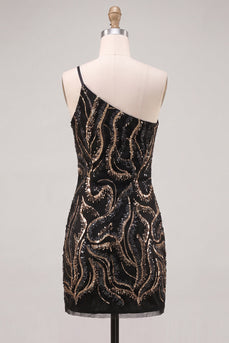 Glitzerndes Einschulter Schwarzes Pailletten Bodycon Kurzes Abendkleid