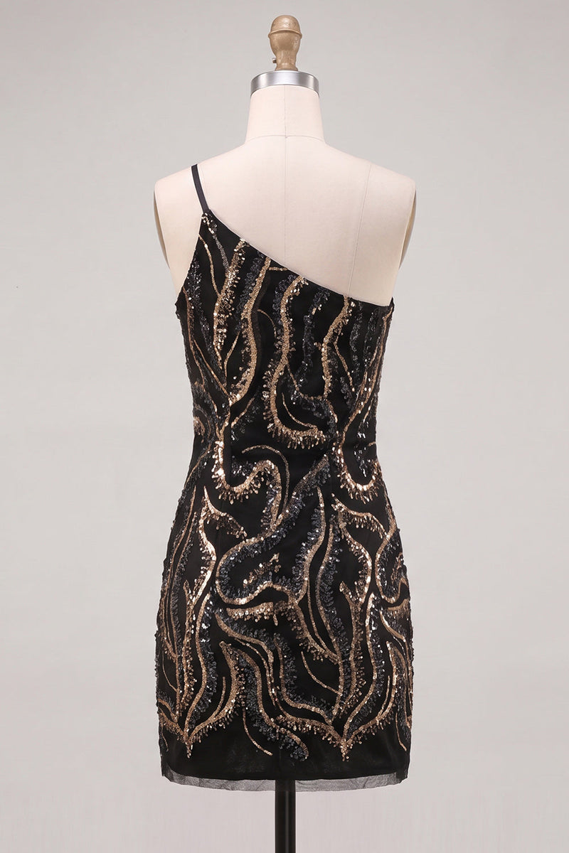 Laden Sie das Bild in den Galerie-Viewer, Glitzerndes Einschulter-Schwarzes Pailletten-Bodycon-Homecoming-Kleid
