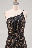 Laden Sie das Bild in den Galerie-Viewer, Glitzerndes Einschulter-Schwarzes Pailletten-Bodycon-Homecoming-Kleid