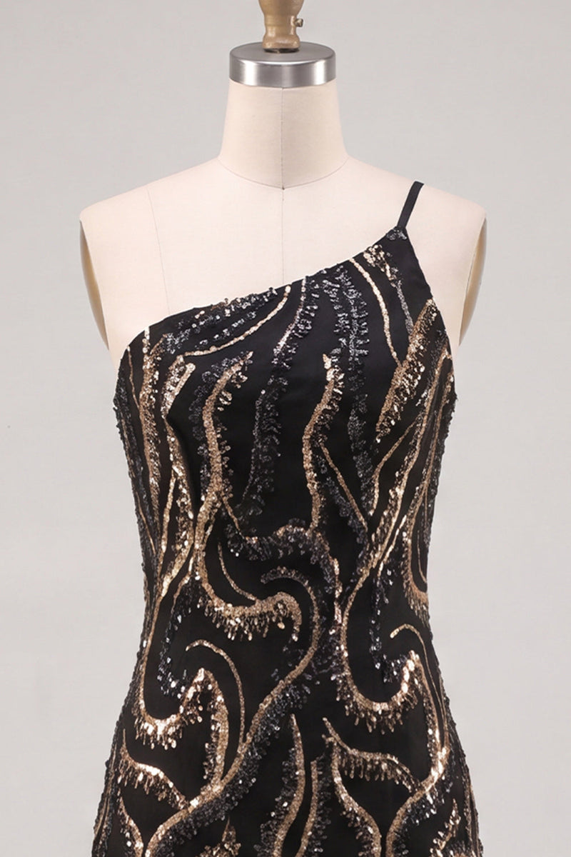 Laden Sie das Bild in den Galerie-Viewer, Glitzerndes Einschulter-Schwarzes Pailletten-Bodycon-Homecoming-Kleid