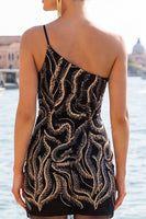 Laden Sie das Bild in den Galerie-Viewer, Glitzerndes Einschulter-Schwarzes Pailletten-Bodycon-Homecoming-Kleid