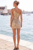 Laden Sie das Bild in den Galerie-Viewer, Glitzerndes Einschulter-Schwarzes Pailletten-Bodycon-Homecoming-Kleid