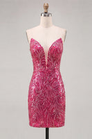 Laden Sie das Bild in den Galerie-Viewer, Glitzerndes Fuchsia Sweetheart Bodycon Pailletten-Homecoming-Kleid mit Schnürung hinten